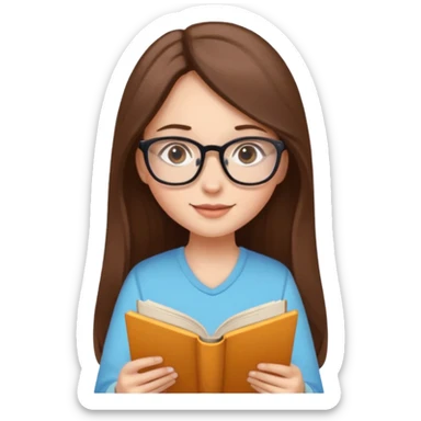 clean beautiful girl long brown hair, wear glasses, reading a book sticker