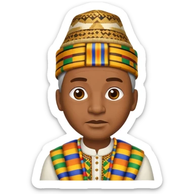 Create an emoji of an old African king wearing kente cloth and white shirt with an african kufi hat sticker