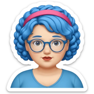 curly fat woman with blue hair and glassess and headband sticker