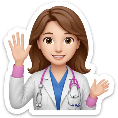 Barbie like emoji of a white woman with brown eyes and long wavy brown hair wearing blue scrubs, white lab coat, pink stethoscope, and raising one hand and a warm smile sticker