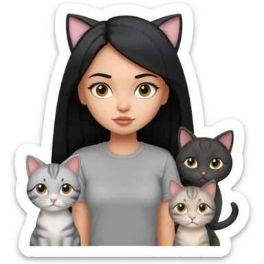 a pretty bratz dusky girl with long straight hair with four cats nd wearing a grey tshirt sticker