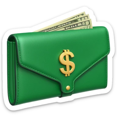 Rich emoji style green leather wallet with dollar bills, luxury money vibe, premium 3D emoji, ultra clean, high detail, no background sticker