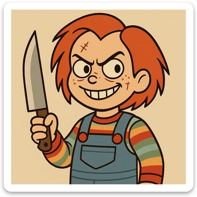 Chucky the doll cartoon style, red hair, striped shirt, overalls, mischievous grin sticker