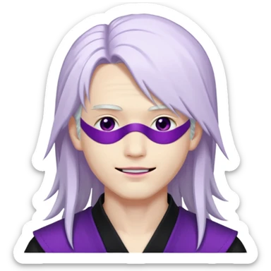 A young pale skinned Japanese man, with long free white hair. Purple eyes pink lips. Devious smile and an eyepatch sticker