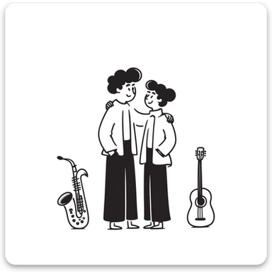 Two musicians standing side by side, both facing forward, with one's arm over the other's shoulder in a friendly side hug, both smiling, musical instruments nearby, fraternal camaraderie sticker