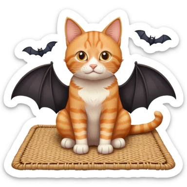 cat sitting on a mat with two bats flying nearby sticker