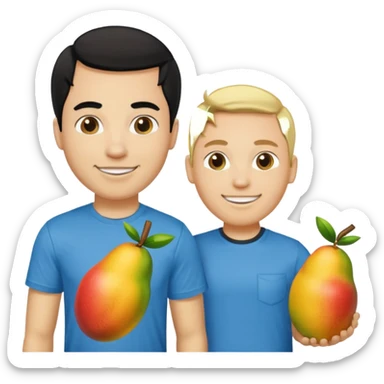 BLACK HAIR LIGHT SKIN MAN WITH A T-SHIRT WITH A MANGO ON IT, AND HIS BOSS LIGHT SKIN MAN BLONDE HAIR DANDOLE DINERO sticker
