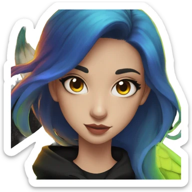 Lady with brunette and iridescent blue hair, gold, lime green dragon wings, black hoodie, bleach dyed, black and gold Nike t shirt, and bright red eyes sticker