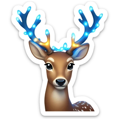 Deer with 8 antlers lit up with warm lights and a blue bow on neck sticker