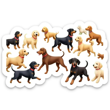 Collage of various dog breeds like Doberman, Poodle, Dachshund, and Golden Retriever, playing in a park with trees and grass. Some dogs run, others sit, all are full of energy and happiness. A joyful, colorful scene with playful expressions. Transparent background. sticker