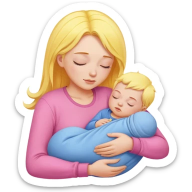 Mother holding baby, mother with yellow hair and pink clothes, baby in blue clothes is sleeping sticker