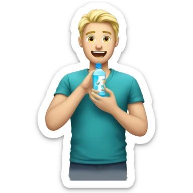 a blond man holding mouthwash sticker