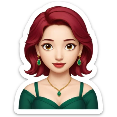 pretty bratz genmoji that looks like tamannah bhatia (bollywood actress), wearing a dark green sweetheart neckline top, dark red hair, light makeup, no necklace, dangly earrings, side hair part, dark brown eyes,  sticker