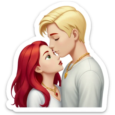 couple kissing, girl with long cherry red hair and blonde eyebrows, gold A necklace, light clothes, and boy with PURE WHITE SHORT HAIR (completely white like paper, not blonde, not gray) sticker