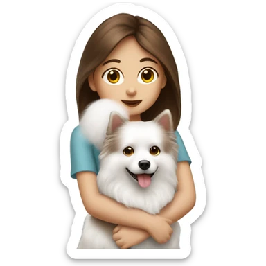 beautiful girl with brown hair kissing her white spitz dog sticker