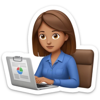 A brown hair woman scrolling, with a laptop open to a work document sticker