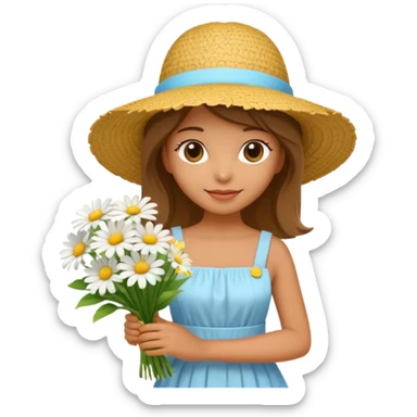 back view of a girl in a summer dress and straw hat, holding a bouquet of white daisies, bright and cheerful, 3D iOS Apple emoji style sticker