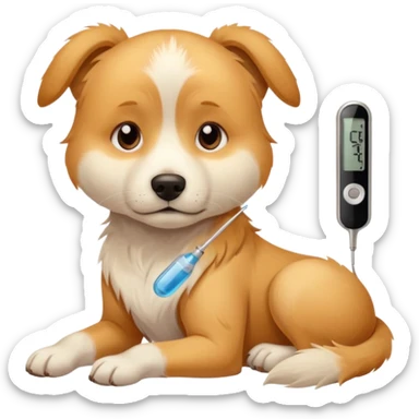 A sick dog lying down with a digital thermometer placed next to it, showing a fever.
The dog looks tired and weak, with a warm and cozy indoor atmosphere. sticker