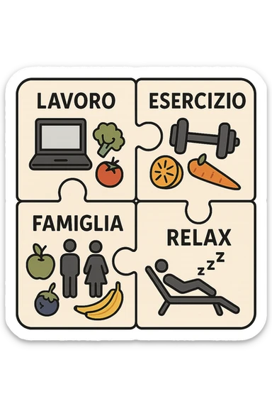 Puzzle (Lavoro, Esercizio, Famiglia, Relax), in lavoro metti icona di un PC, in Esercizio un Manubrio, in Famiglia una famiglia, in Relax qualcuno che riposa and healthy foods are integrated into each piece. in italiano sticker