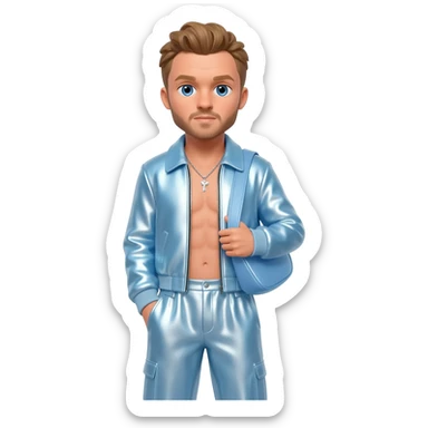 Justin Timberlake with blue eyes, light brown hair, light blue metallic jacket, light blue metallic baggy pants, shirtless with necklace sticker
