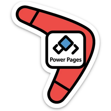 boomerang icon with Power Pages logo in the center, playful, red and white, outlined color style sticker