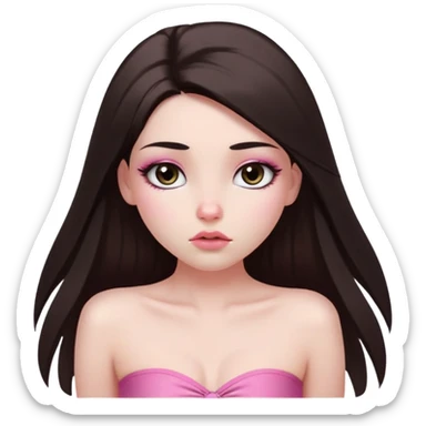 girl with white skin, dark brown long straight hair falling in front of her body, pouty shiny lips without cupid's bow, shiny large eyes with long eyelashes, lighter button nose, very long oval-shaped face, wearing a pink bandeau top with straight neckline, looking directly at camera with hands down at sides sticker