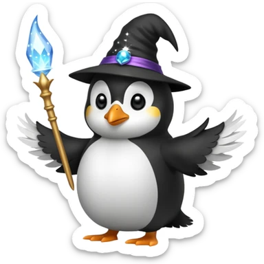 penguin wizard casting a spell with sparkles around sticker