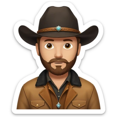 yellowstone dutton ranch cowboy with brown beard, black cowboy hat with no rope no jewel, black shirt, and leather tan jacket sticker