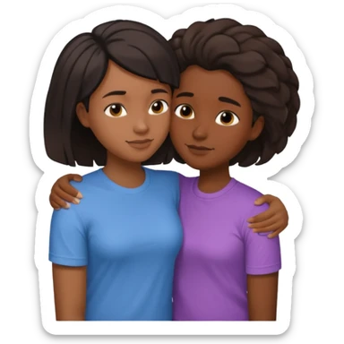 Black lesbian couple with one dark skin masculine with short hair low cute fade with a t shirt and one feminine with long hair in a blouse hugging  sticker