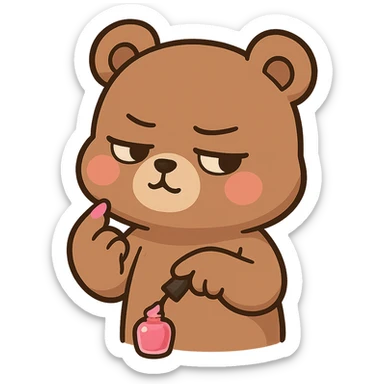 A brown bear paints his own pink nail polish, with a smug expression and a haughty attitude sticker