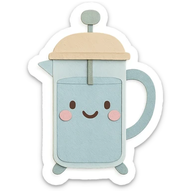 adorable French press with blushing cheeks, soft pastel tones, full body, hand-drawn paper craft style sticker