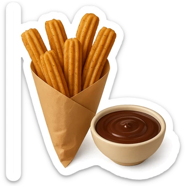 Remove the chocolate drizzle from the pile of churros in a paper cone. Show the pile of churros in a paper cone with a bowl of chocolate dipping sauce. Keep the background transparent. sticker