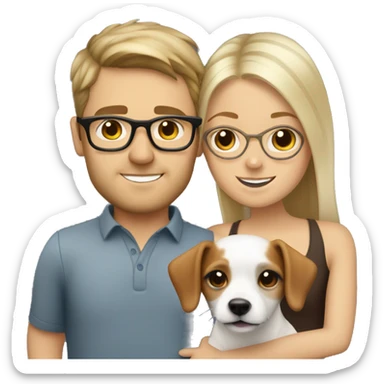 White blonde girl and a white men with brown hair glasses, both cuddling a jack Russell sticker