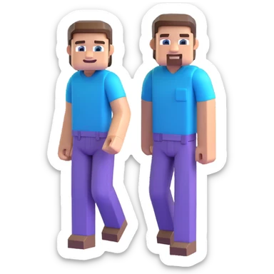 Minecraft Steve, blocky character with blue shirt and purple pants, smiling face, playful pose, 3D emoji style sticker