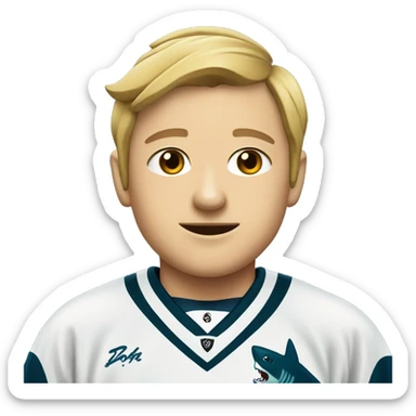 young coach of a hockey team wearing a uniform with a shark on it sticker