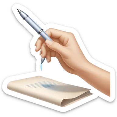 A glowing, slightly transparent hand—representing the future self—emerges from a piece of paper, offering a pen to the present self. The present self’s hand, solid and real, reaches out to take it, symbolizing the moment of choosing action over procrastination, guided by the future self’s wisdom. sticker