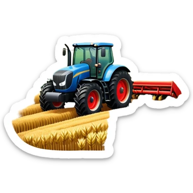 An icon representing a farming simulator, with a detailed tractor plowing fields under a bright sky with rural landscape. The design includes farming tools, crops and barns, symbolizing the immersive experience of managing a farm. Transparent background. sticker