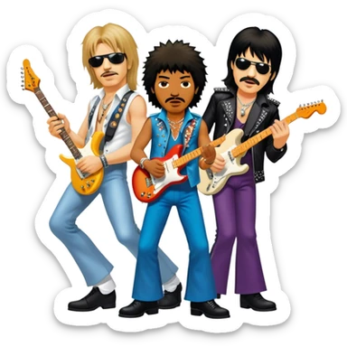 Icon for Rock Music: collage of iconic rock musicians—Klaus Meine, Jimi Hendrix, Kurt Cobain, Freddie Mercury, and Ozzy Osbourne—playing electric guitars and singing on stage. Capturing the powerful energy and rebellious spirit of rock. Transparent background. sticker
