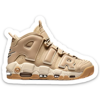 Minimalist pair of beige Nike Air More Uptempo sneakers side by side, clean simple design with AIR lettering on sides sticker