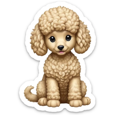 cinematic-[poodle]-realistic-full-body-sitting-emoji,-tail-resting-loosely-beside-its-paws,-head-tilted-dramatically, -curly-[cream]-fur,-simplified-yet-realistic-focused-features,-highly-detailed,-glowing-with-an-almost-sarcastic-glow sticker