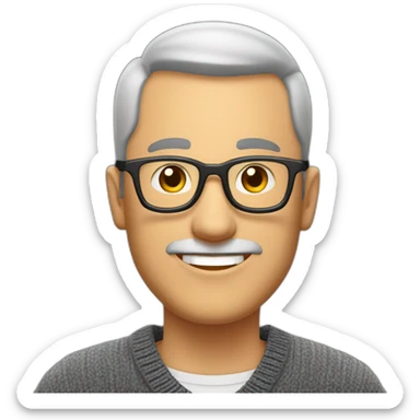 Middle age man with buzz cut salt and pepper hair, thick frame glasses, with broad smile, wearing a v-neck sweater sticker