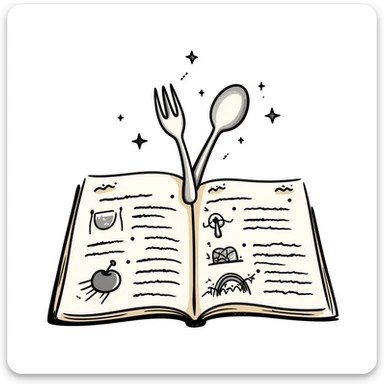 Whimsical enchanted cookbook with magical fork and spoon emblem that's animated with sparkling fairy dust, magical recipe collection sticker