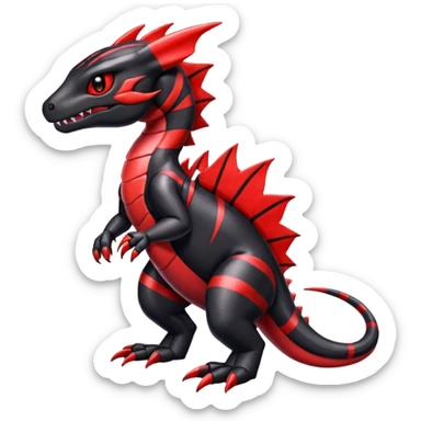 Cute Shiny striped black and red iridescent Guilmon-Salandit-Fakémon-hybrid-creature (full body)  sticker