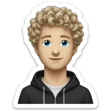 white young guy curly hair split blue eyes black hoodie sticker