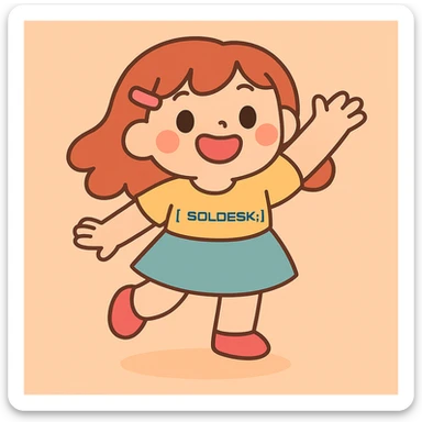 Add the SOLDESK logo to the character's shirt, keep the pastel toon style, preserve the original background. sticker