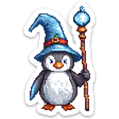 A penguin wizard with a magical staff and a pointy hat sticker