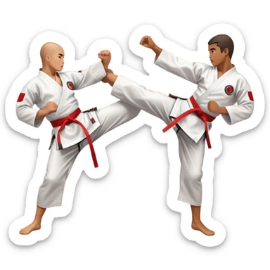 Two karate fighters in traditional gi sparring. One executes a high kick aimed at the opponent’s head, while the other blocks with a strong hand defense. The background features a classic dojo with wooden flooring and banners. Dynamic motion and focused expressions. Transparent background. sticker