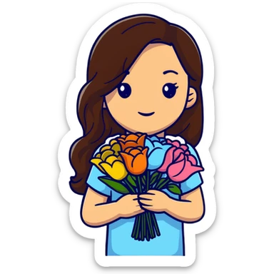 A cool girl with long brown hair and fair skin holding a bouquet of flowers sticker