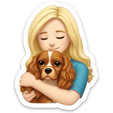 Blonde-girl-long hair- eyes closed- hugging a  Cavalier King Charles Spaniel dog sticker