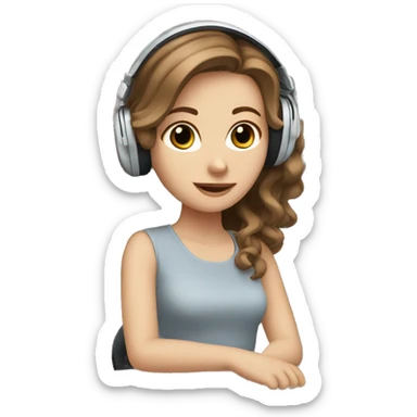 white girl at desk, brown hair, blue eyes, computer, headphones sticker